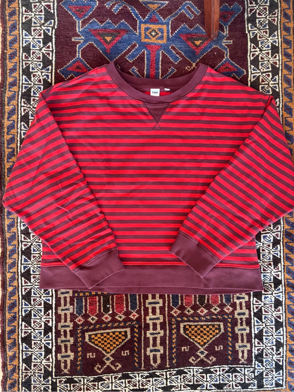Oversized TNA Burgundy and Red Striped Crewneck Sweatshirt